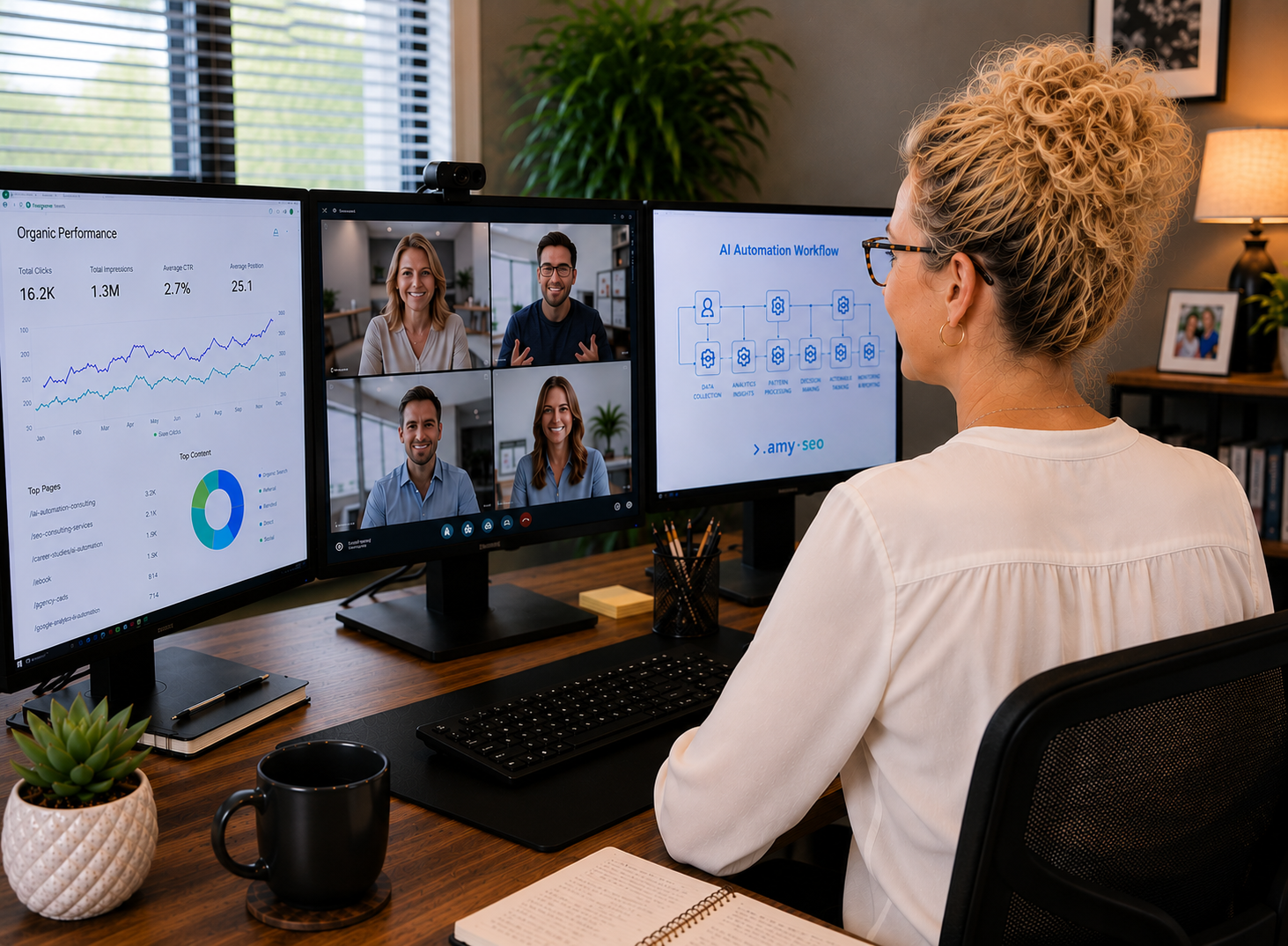 Amy on a strategy call, reviewing SEO and AI visibility data